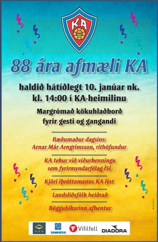 88 ára afmælisfagnaður KA á sunnudaginn kl. 14.00