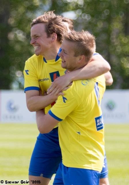 Hilmar og Jói fagna marki þess fyrrnefnda