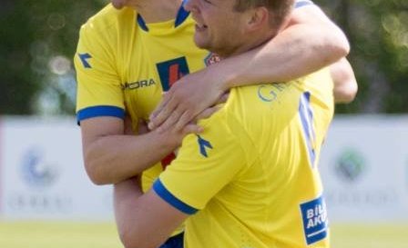 Hilmar og Jói fagna marki þess fyrrnefnda